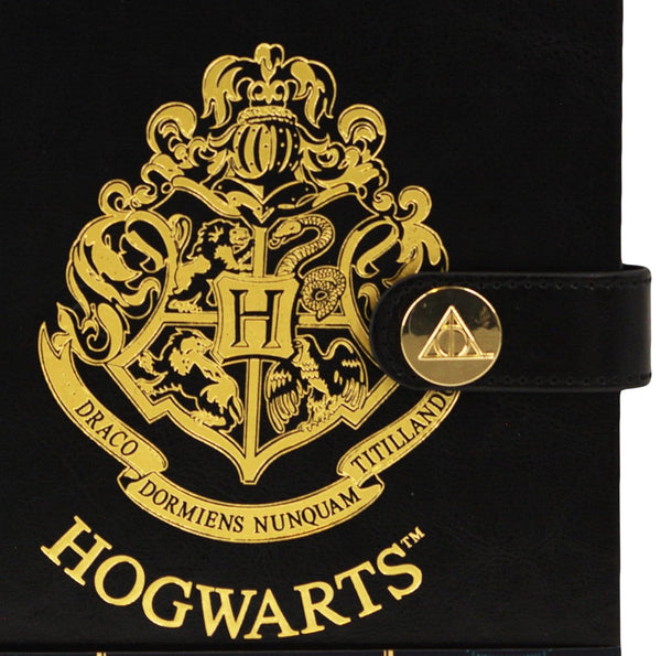 Licensed Harry Potter House notebook journal, parchment paper, house logo, house history, Gold printed house crest logo in front, Hogwarts, Gryffindor, Slytherin, Hufflepuff and Ravenclaw (Hogwarts)