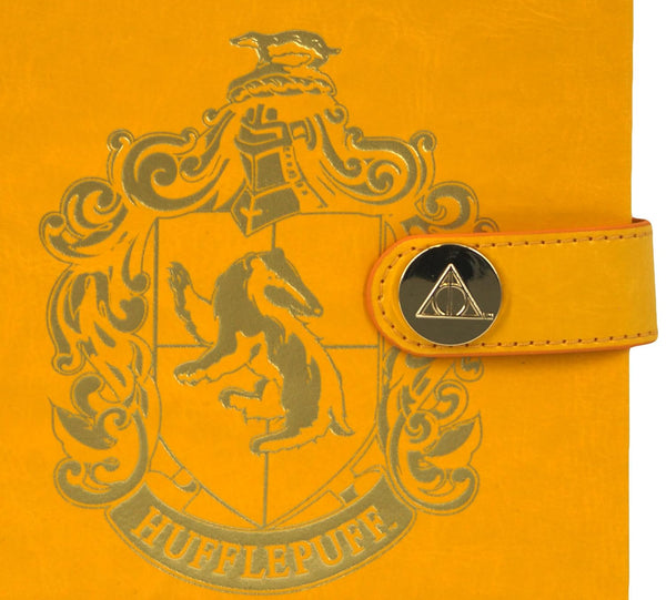 Licensed Harry Potter House notebook journal, parchment paper, house logo, house history, Gold printed house crest logo in front, Hogwarts, Gryffindor, Slytherin, Hufflepuff and Ravenclaw (Hufflepuff)