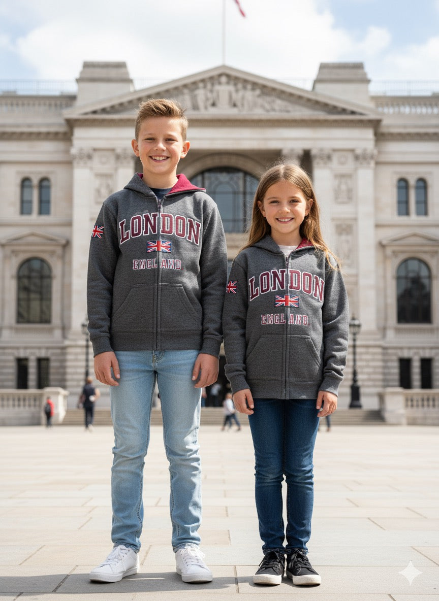 London England Kids Zipped Hoodie Hooded Sweatshirt Navy Colour