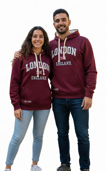 LE129MOW Unisex London England Hoodie Hooded Sweatshirt Maroon off white XS-4XL - British Heritage Brands