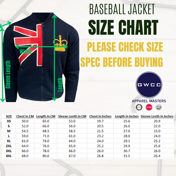 Unisex Union Jack Crown Baseball Jacket with free UJ Pin Badge Navy Colour Size XS to 4XL