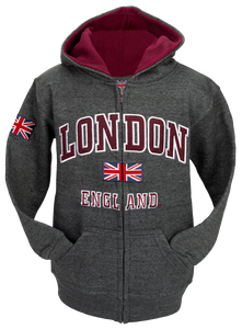 London England Kids Zipped Hoodie Hooded Sweatshirt Charcoal Colour (LE129KZ) - British Heritage Brands