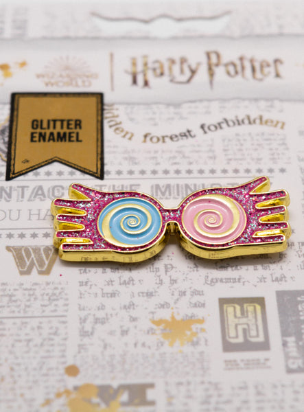Licensed Harry Potter Luna’s Glasses Pin Badge made with golden edges filled glossy glitter enamel 3.5cm by 1.5cm