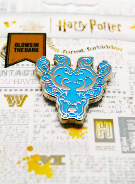 Licensed Harry Potter Harry’s Patronus Glow in the Dark Pin badge made with silver metal filled with enamel 3cm by 3cm