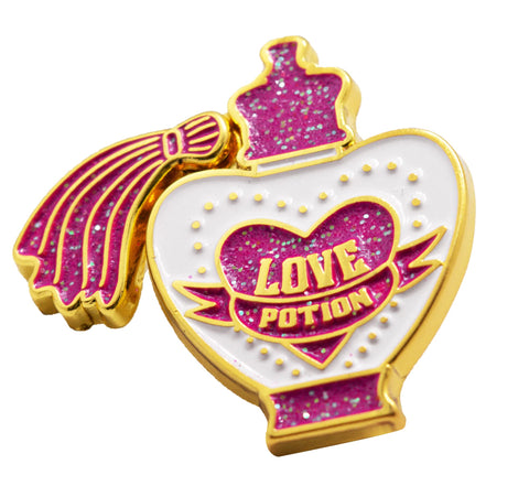 Licensed Harry Potter Amortentia Pin Badge golden edges filled with white enamel and glossy pink glitter 3.5cm by 3cm