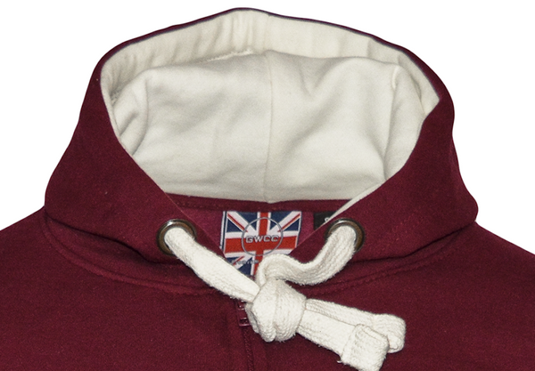 LE129ZMOW Unisex London England Zipped Hooded Sweatshirt Maroon - British Heritage Brands