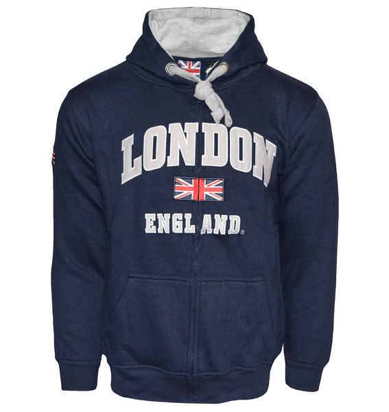 LE129ZNG Unisex London England Zipped Hoodie Hooded Sweatshirt Navy Grey XS-2XL - British Heritage Brands