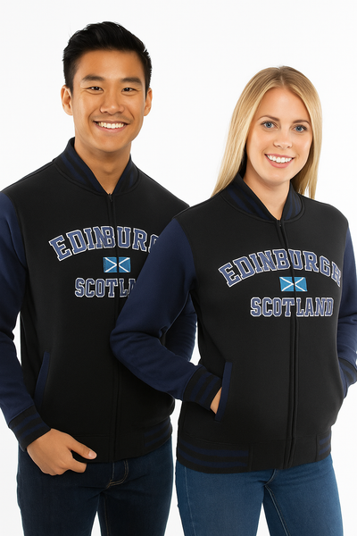 Unisex Edinburgh Scotland Varisty Baseball Jacket, applique Front and Highland Cow sleeve embroidery,Navy Grey,Black Navy,Grey Navy,Pink, Sizes XS to 4XL