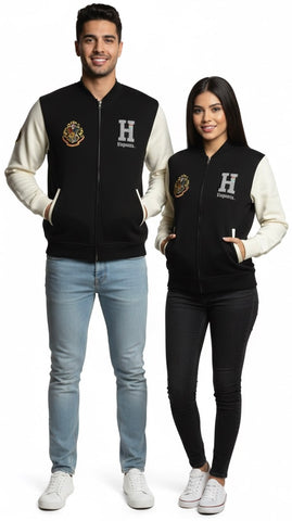 Licensed Unisex Harry Potter Hufflepuff Varsity Jacket, Terry Towel Embroidery, Baseball Zipped Jacket, Black/Off White, Size XS to 2XL