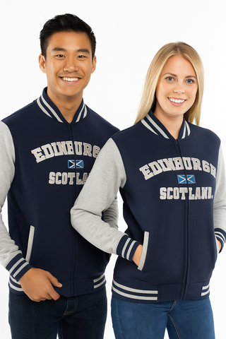 Unisex Edinburgh Scotland Varisty Baseball Jacket, applique Front and Highland Cow sleeve embroidery,Navy Grey,Black Navy,Grey Navy,Pink, Sizes XS to 4XL