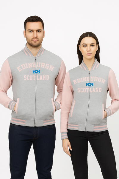 Unisex Edinburgh Scotland Varisty Baseball Jacket, applique Front and Highland Cow sleeve embroidery,Navy Grey,Black Navy,Grey Navy,Pink, Sizes XS to 4XL