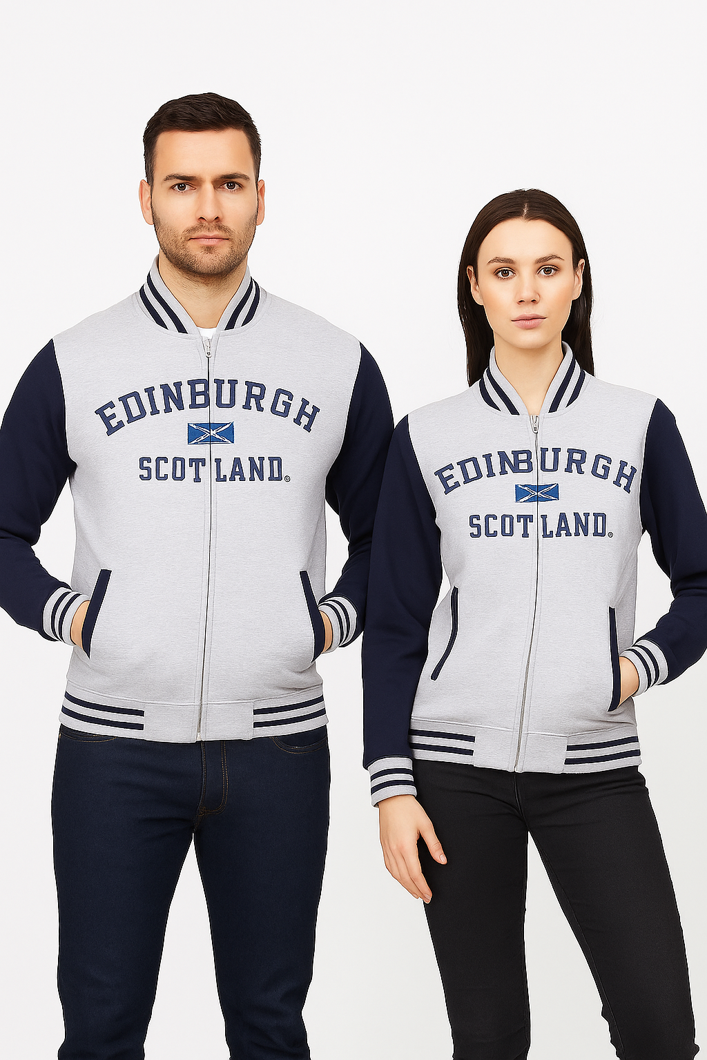 Unisex Edinburgh Scotland Varisty Baseball Jacket, applique Front and Highland Cow sleeve embroidery,Navy Grey,Black Navy,Grey Navy,Pink, Sizes XS to 4XL