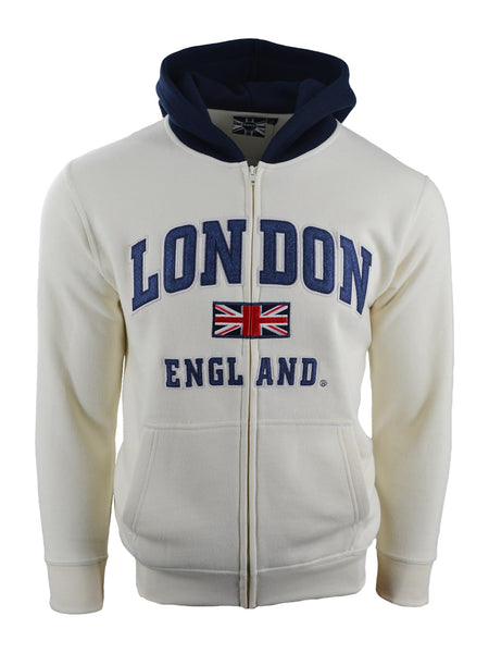 Unisex London England Zipped Hoodie 4 Colours Desert Storm, Ash Grey, Grey Pink, Sizes XS to 4XL, with Union Jack Metal Pin Badge