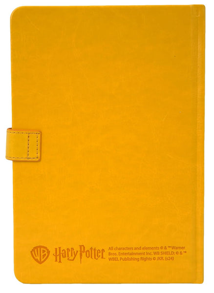 Licensed Harry Potter House notebook journal, parchment paper, house logo, house history, Gold printed house crest logo in front, Hogwarts, Gryffindor, Slytherin, Hufflepuff and Ravenclaw (Hufflepuff)