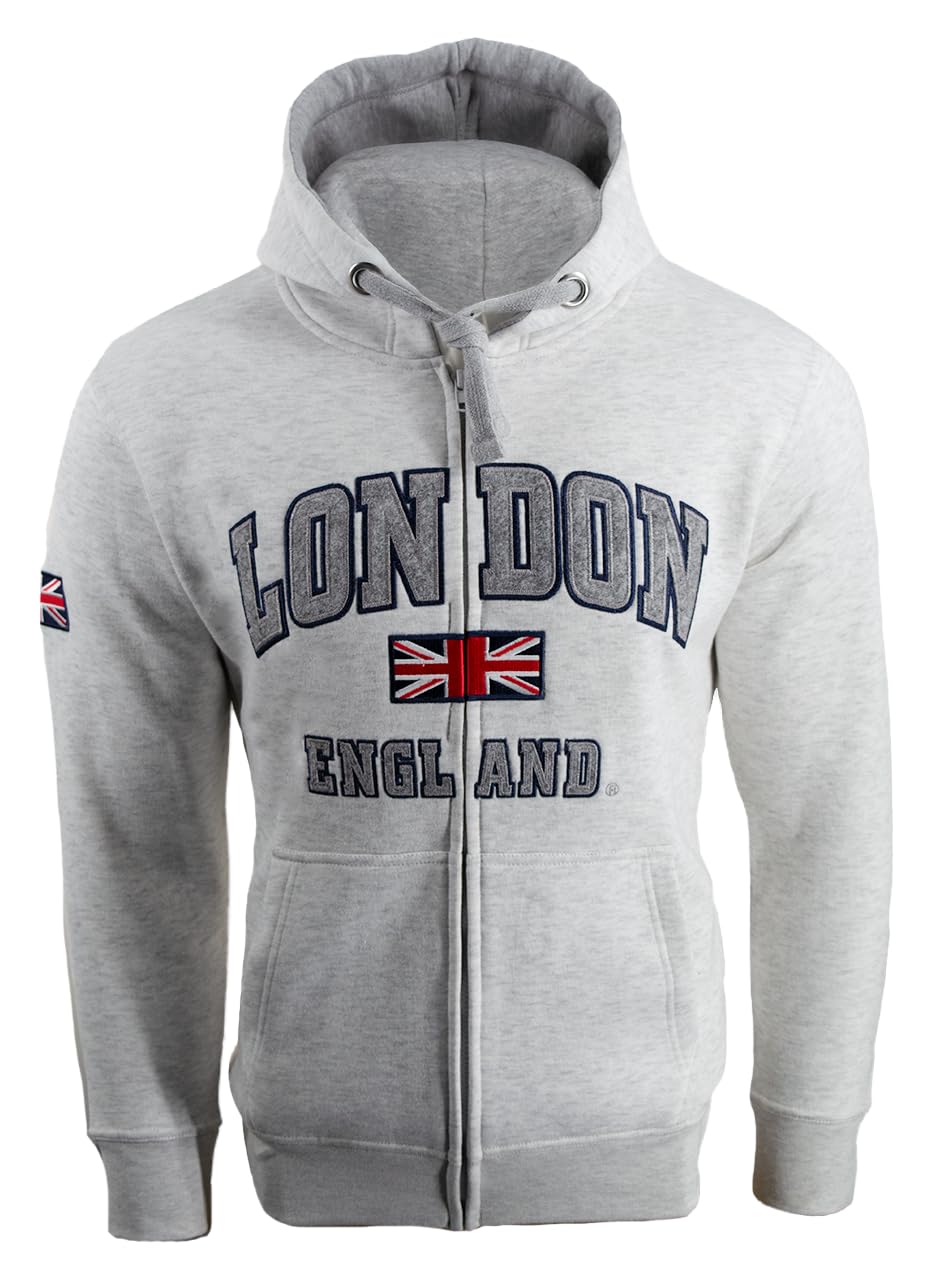 Unisex London England Zipped Hoodie 4 Colours Desert Storm, Ash Grey, Grey Pink, Sizes XS to 4XL, with Union Jack Metal Pin Badge