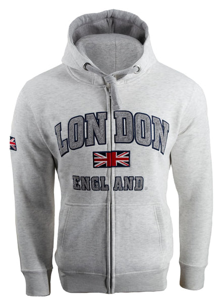 Unisex London England Zipped Hoodie 4 Colours Desert Storm, Ash Grey, Grey Pink, Sizes XS to 4XL, with Union Jack Metal Pin Badge