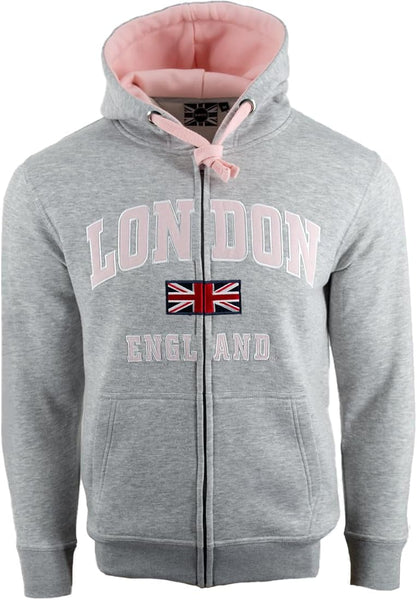 Unisex London England Zipped Hoodie 4 Colours Desert Storm, Ash Grey, Grey Pink, Sizes XS to 4XL, with Union Jack Metal Pin Badge