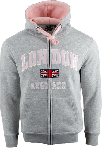 Unisex London England Zipped Hoodie 4 Colours Desert Storm, Ash Grey, Grey Pink, Sizes XS to 4XL, with Union Jack Metal Pin Badge
