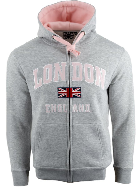 Unisex London England Zipped Hoodie 4 Colours Desert Storm, Ash Grey, Grey Pink, Sizes XS to 4XL, with Union Jack Metal Pin Badge