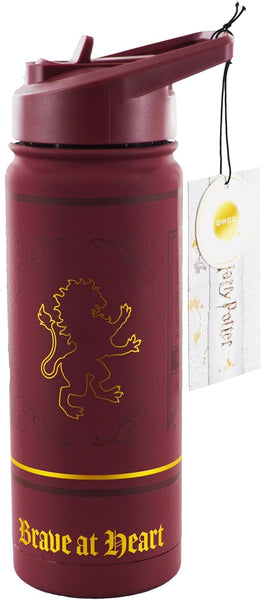 Licensed Harry Potter Gryffindor 'Double Stainless Steel 304' Water Bottle with Embossed Logo in Gold & Brave at Heart in Gold, Capacity 530ml (18oz), Storage 16 Hours hot and 12 Hours Cold