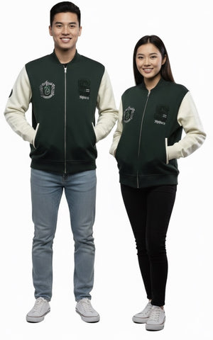 Licensed Harry Potter Unisex Slytherin Baseball Jacket, Terry Towel Embroidery, Zipped, Bottle Green/Off White, Sizes XS to 2XL