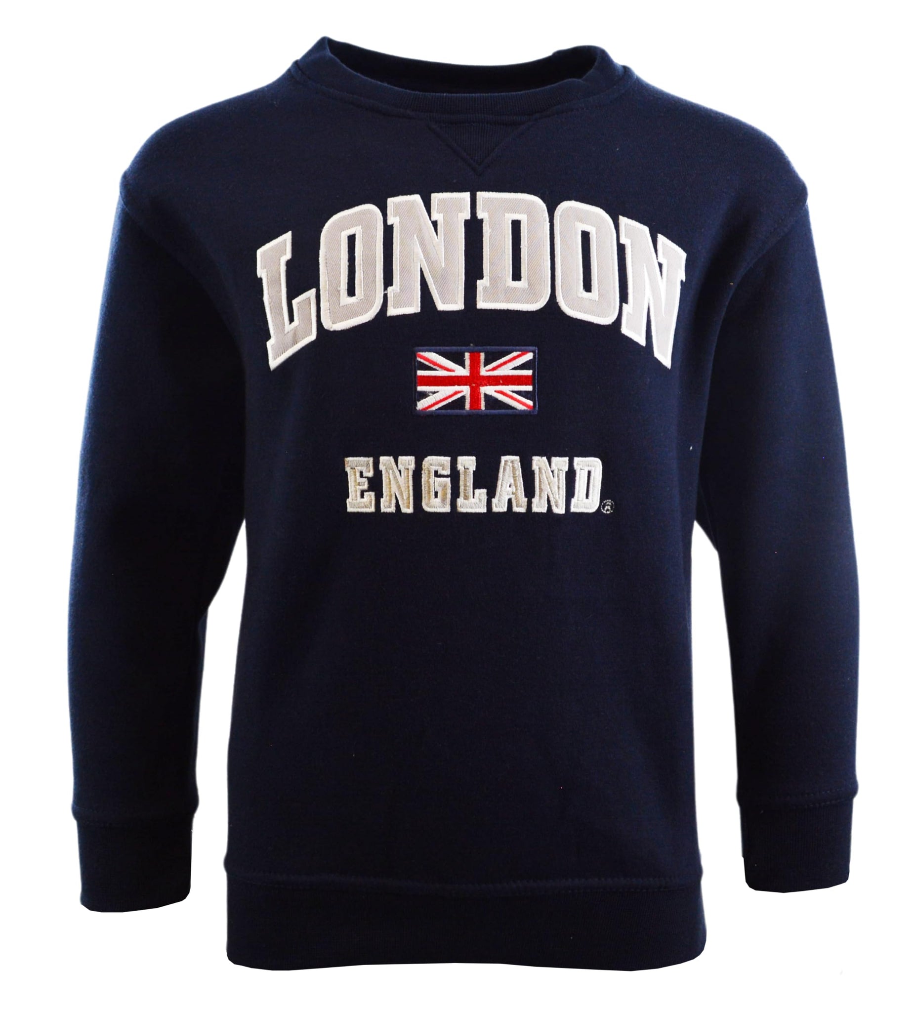 Kids London England Sweatshirt 5 Colours Desert Storn, Navy, Grey, Off White, Polar White, Sizes 1 to 13 Years, with Union Jack Metal Pin Badge