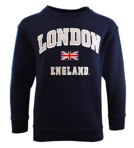 Kids London England Sweatshirt 5 Colours Desert Storn, Navy, Grey, Off White, Polar White, Sizes 1 to 13 Years, with Union Jack Metal Pin Badge