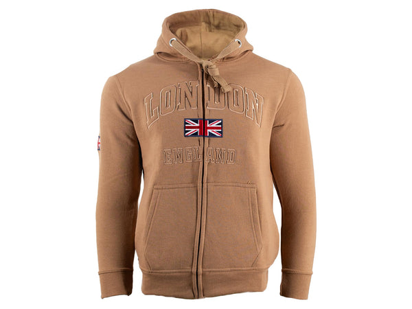 Unisex London England Zipped Hoodie 4 Colours Desert Storm, Ash Grey, Grey Pink, Sizes XS to 4XL, with Union Jack Metal Pin Badge