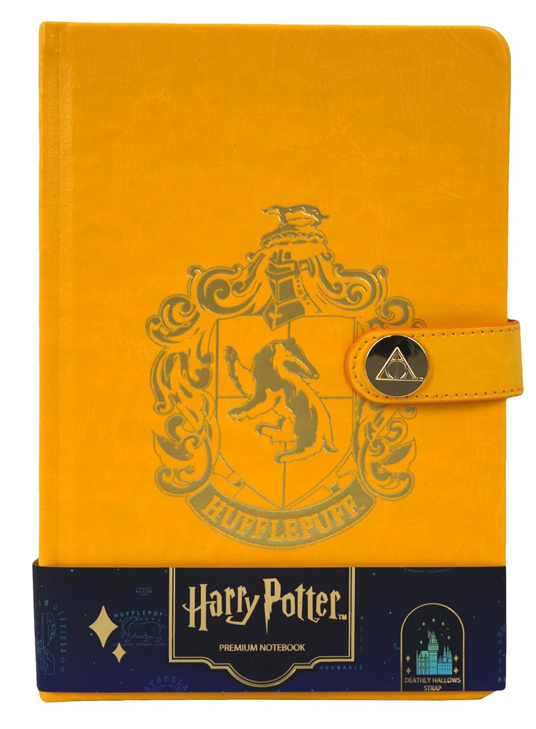 Licensed Harry Potter House notebook journal, parchment paper, house logo, house history, Gold printed house crest logo in front, Hogwarts, Gryffindor, Slytherin, Hufflepuff and Ravenclaw (Hufflepuff)