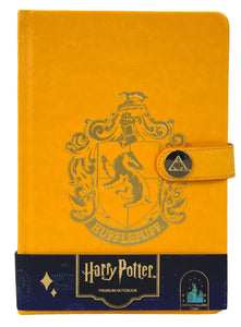Licensed Harry Potter House notebook journal, parchment paper, house logo, house history, Gold printed house crest logo in front, Hogwarts, Gryffindor, Slytherin, Hufflepuff and Ravenclaw (Hufflepuff)