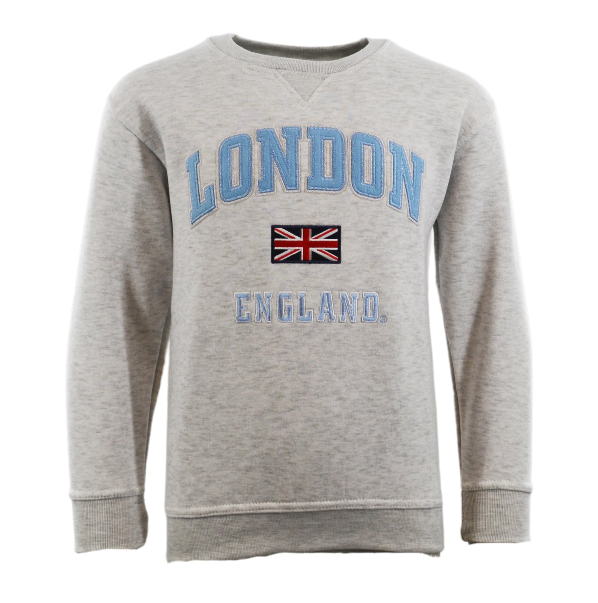 Kids London England Sweatshirt 5 Colours Desert Storn, Navy, Grey, Off White, Polar White, Sizes 1 to 13 Years, with Union Jack Metal Pin Badge
