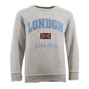 Kids London England Sweatshirt 5 Colours Desert Storn, Navy, Grey, Off White, Polar White, Sizes 1 to 13 Years, with Union Jack Metal Pin Badge