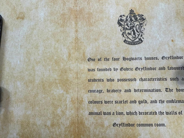 Licensed Harry Potter House notebook journal, parchment paper, house logo, house history, Gold printed house crest logo in front, Hogwarts, Gryffindor, Slytherin, Hufflepuff and Ravenclaw (Hufflepuff)