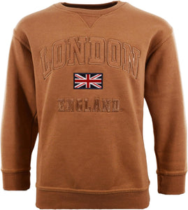 Kids London England Sweatshirt 5 Colours Desert Storn, Navy, Grey, Off White, Polar White, Sizes 1 to 13 Years, with Union Jack Metal Pin Badge