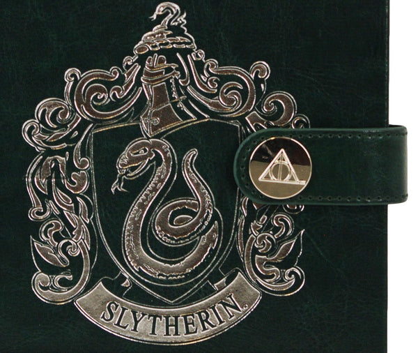 Licensed Harry Potter House notebook journal, parchment paper, house logo, house history, Gold printed house crest logo in front, Hogwarts, Gryffindor, Slytherin, Hufflepuff and Ravenclaw (Slytherin)