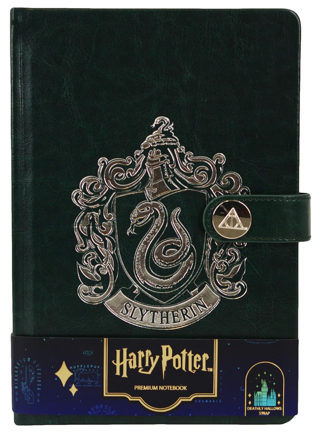 Licensed Harry Potter House notebook journal, parchment paper, house logo, house history, Gold printed house crest logo in front, Hogwarts, Gryffindor, Slytherin, Hufflepuff and Ravenclaw (Slytherin)