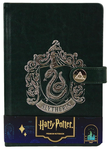 Licensed Harry Potter House notebook journal, parchment paper, house logo, house history, Gold printed house crest logo in front, Hogwarts, Gryffindor, Slytherin, Hufflepuff and Ravenclaw (Slytherin)