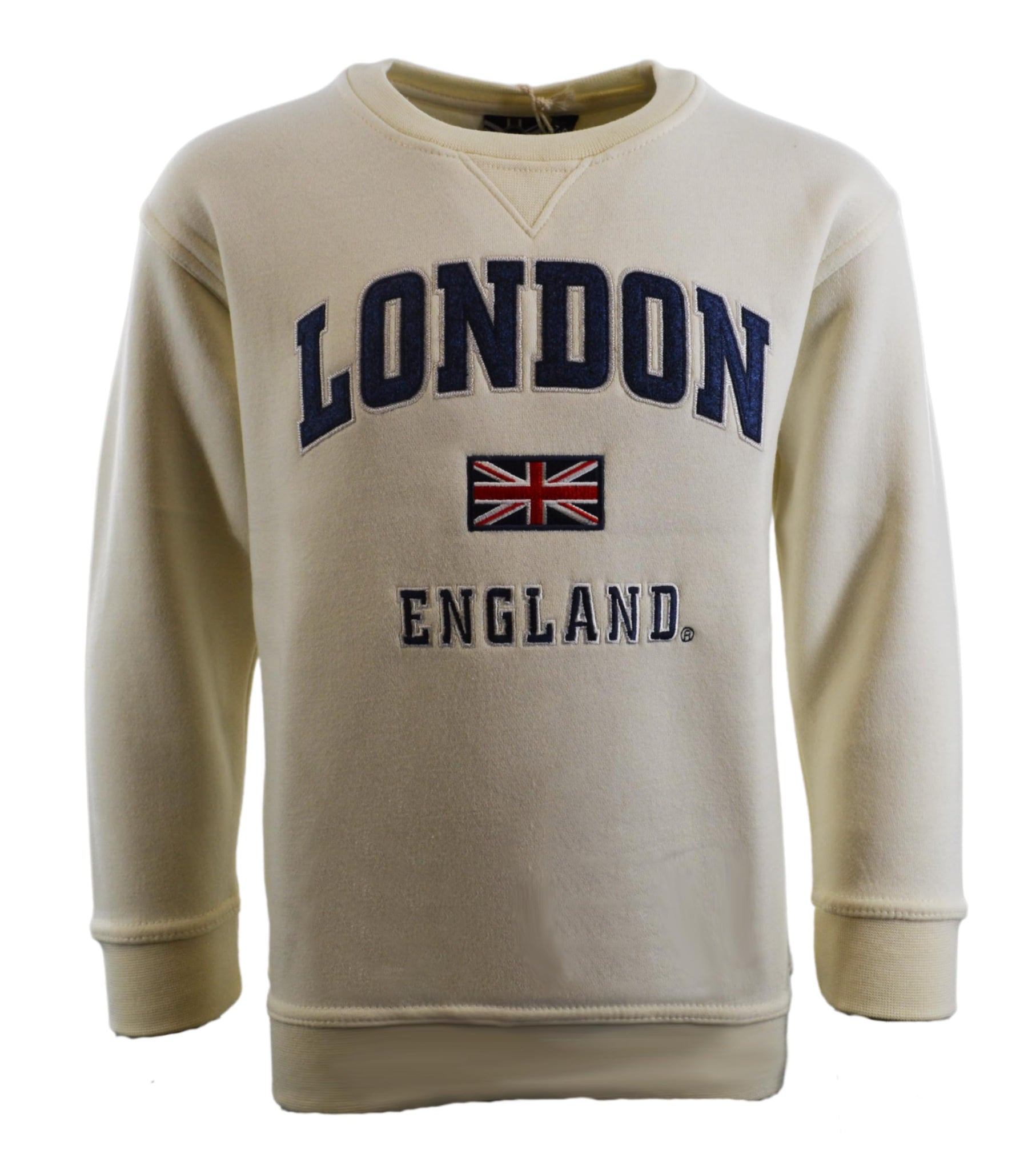 Kids London England Sweatshirt 5 Colours Desert Storn, Navy, Grey, Off White, Polar White, Sizes 1 to 13 Years, with Union Jack Metal Pin Badge