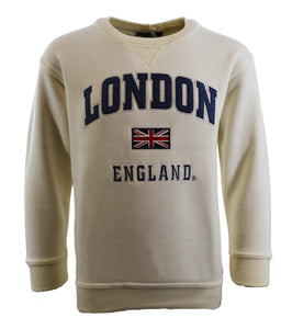 Kids London England Sweatshirt 5 Colours Desert Storn, Navy, Grey, Off White, Polar White, Sizes 1 to 13 Years, with Union Jack Metal Pin Badge