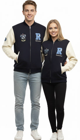 Licensed Harry Potter Unisex Ravenclaw Baseball/Varsity Jacket with Left, Right Chest, Sleeve Embroidery Navy/Off White XS to 2XL