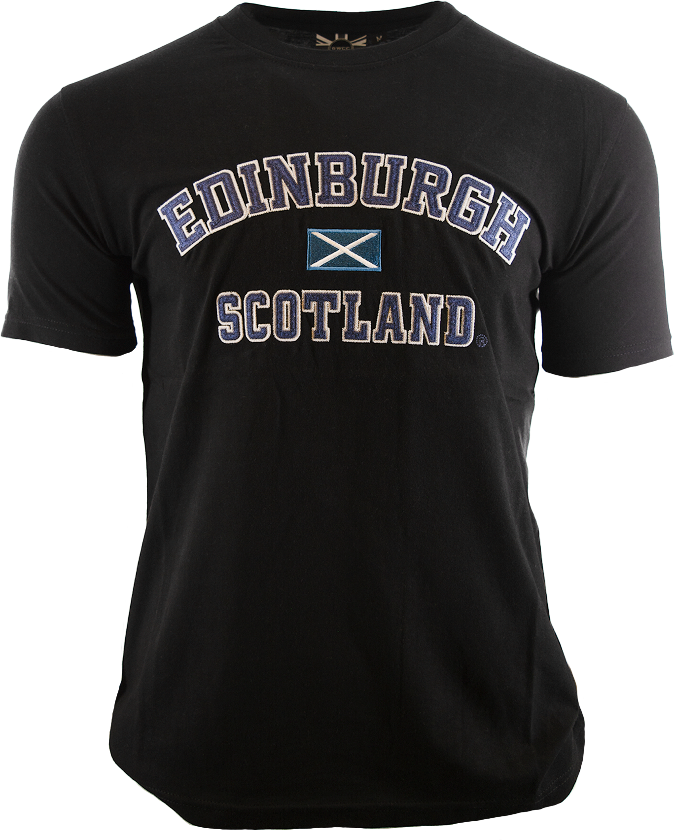 GWCC Unisex Edinburgh Scotland Applique Lettering with Scottish Flag in Centre t-Shirt, 5 Colours, XS to 4XL with Scottish Flag Metal pin Badge