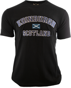 GWCC Unisex Edinburgh Scotland Applique Lettering with Scottish Flag in Centre t-Shirt, 5 Colours, XS to 4XL with Scottish Flag Metal pin Badge