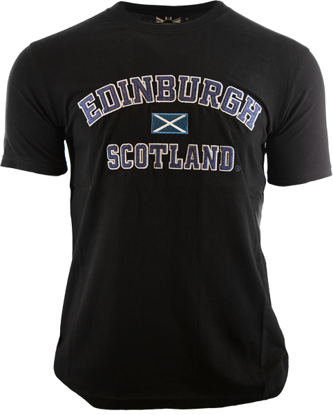 GWCC Unisex Edinburgh Scotland Applique Lettering with Scottish Flag in Centre t-Shirt, 5 Colours, XS to 4XL with Scottish Flag Metal pin Badge