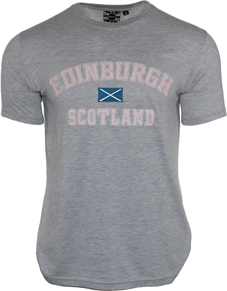GWCC Unisex Edinburgh Scotland Applique Lettering with Scottish Flag in Centre t-Shirt, 5 Colours, XS to 4XL with Scottish Flag Metal pin Badge