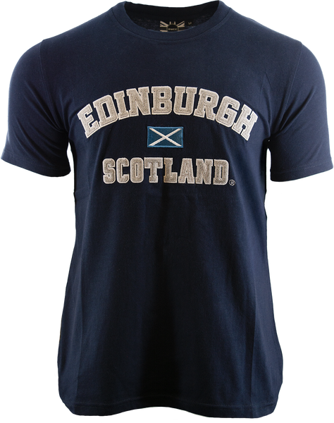 GWCC Unisex Edinburgh Scotland Applique Lettering with Scottish Flag in Centre t-Shirt, 5 Colours, XS to 4XL with Scottish Flag Metal pin Badge
