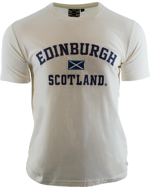 GWCC Unisex Edinburgh Scotland Applique Lettering with Scottish Flag in Centre t-Shirt, 5 Colours, XS to 4XL with Scottish Flag Metal pin Badge