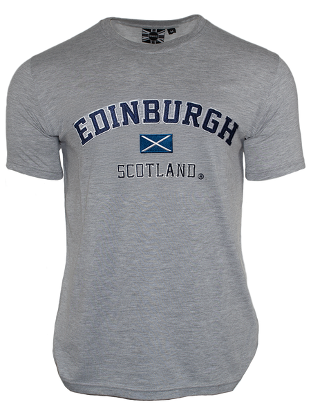 GWCC Unisex Edinburgh Scotland Applique Lettering with Scottish Flag in Centre t-Shirt, 5 Colours, XS to 4XL with Scottish Flag Metal pin Badge