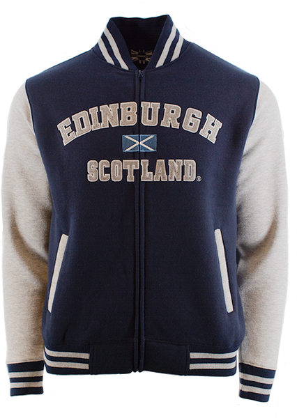Unisex Edinburgh Scotland Varisty Baseball Jacket, applique Front and Highland Cow sleeve embroidery,Navy Grey,Black Navy,Grey Navy,Pink, Sizes XS to 4XL
