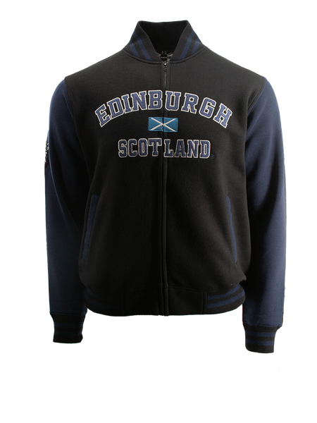 Unisex Edinburgh Scotland Varisty Baseball Jacket, applique Front and Highland Cow sleeve embroidery,Navy Grey,Black Navy,Grey Navy,Pink, Sizes XS to 4XL