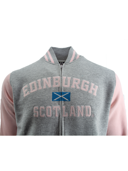 Unisex Edinburgh Scotland Varisty Baseball Jacket, applique Front and Highland Cow sleeve embroidery,Navy Grey,Black Navy,Grey Navy,Pink, Sizes XS to 4XL